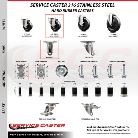 Service Caster 3.5 Inch 316SS Hard Rubber Swivel Top Plate Caster Lock Brake 2 Rigid SCC, 2PK SCC-SS316TTL20S3514-HRS-2-R-2